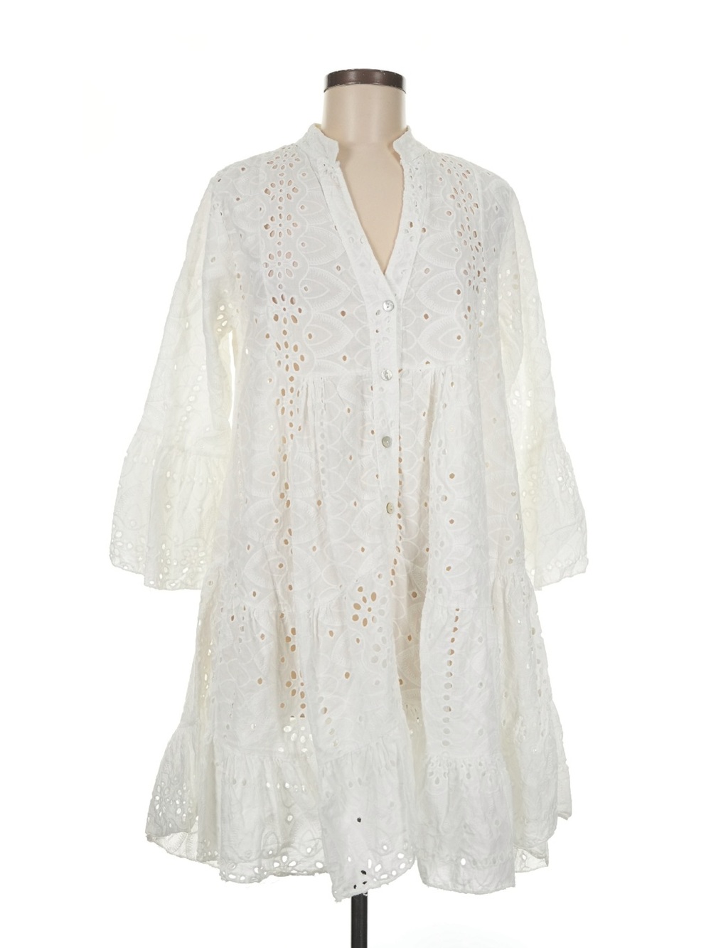 Chocolate Preppy White Eyelet Cotton Tiered Mini Dress OS Made in Italy Coastal